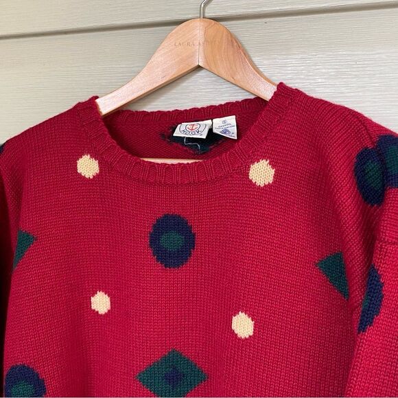 J.G. HOOK Vintage red 100% wool sweater circles dots abstract retro modern sz S - Picture 4 of 11